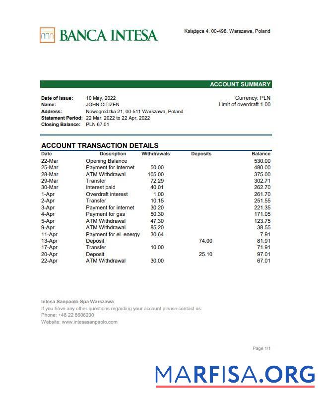Printable Poland Banca Intesa bank statement excel sample